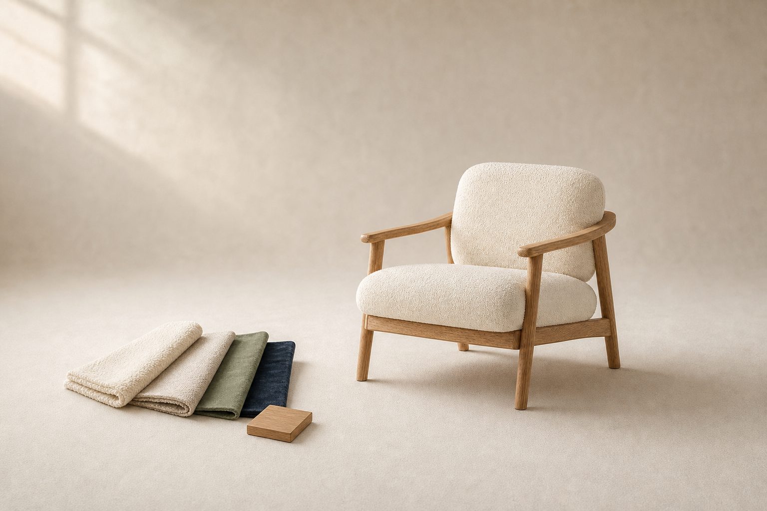 A bouclé lounge chair with fabric swatches for its color options.